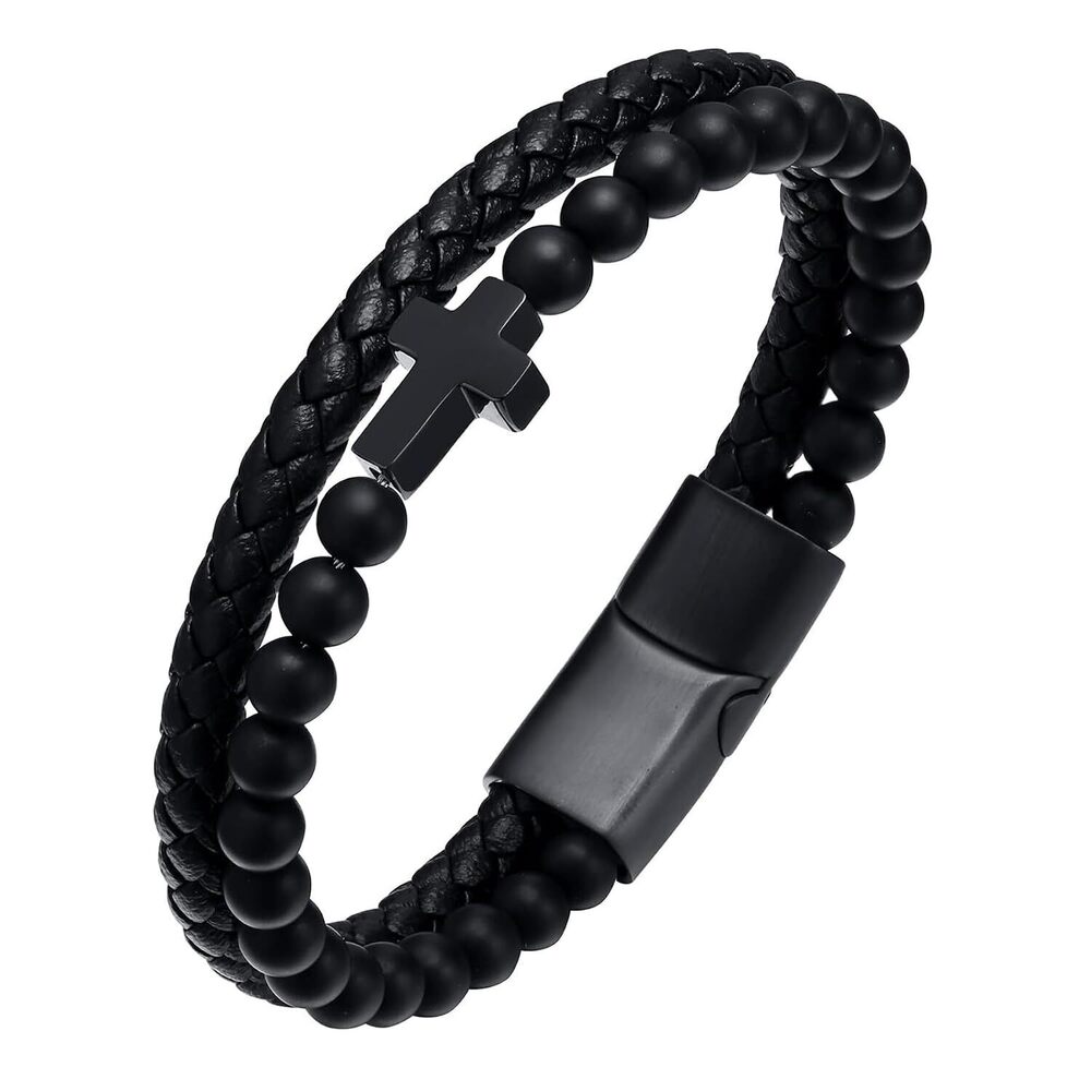 Black Onxy Beaded Cross Bracelet, Mens White Gold Plated Christian Created